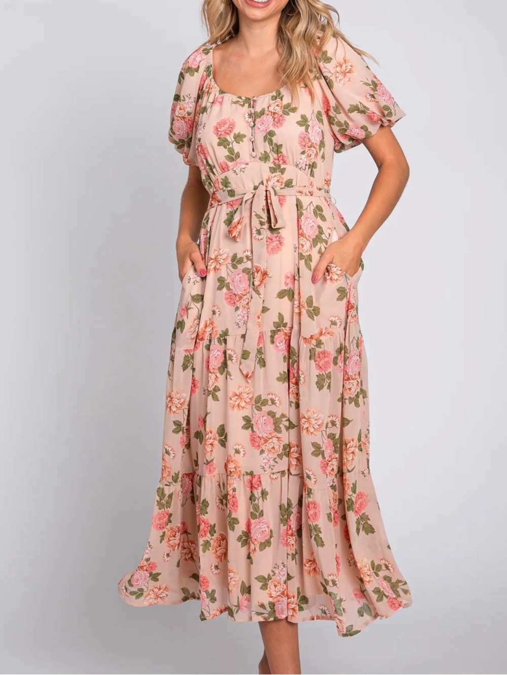 HAYDEN floral tiered midi dress, button Front, EUC Size Small